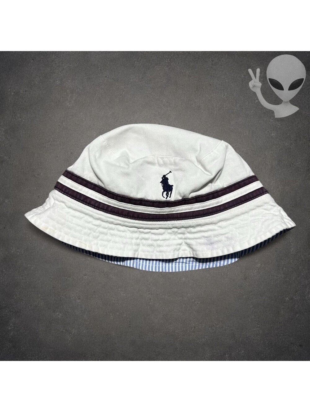 Polo Ralph Lauren Reversible Bucket Hat Mens White Blue Seersucker Striped OS